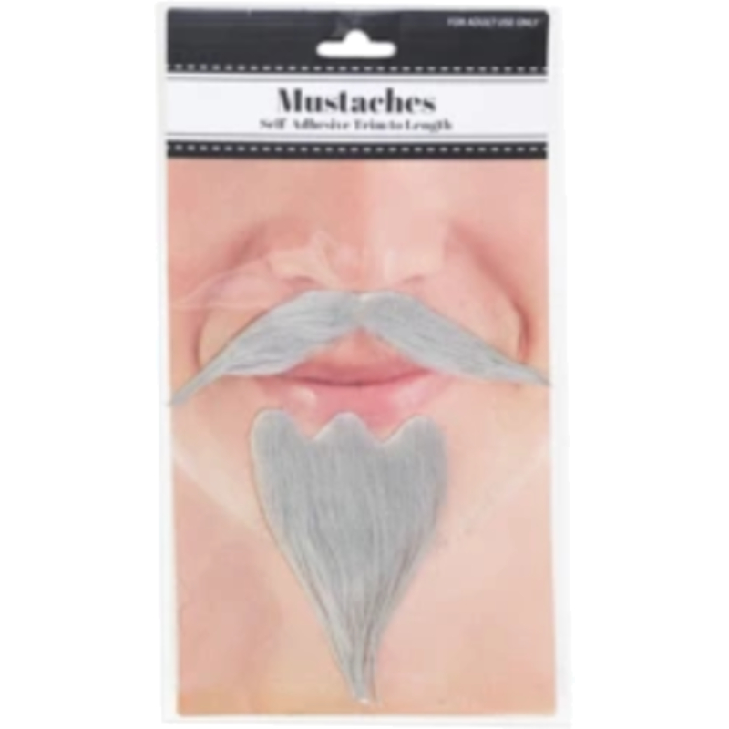 Costume Grey Moustache and Goatee Set with matching grey facial hair pieces for wizard, professor, and character costumes.