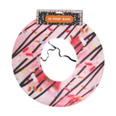 15 inch flat foam donut face mask with pink frosting, colorful sprinkles, center face opening, and elastic headband.