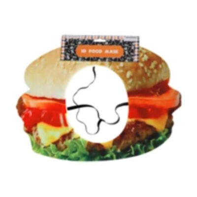 15 inch 3-D flat foam hamburger face mask with a center face opening and elastic headband.