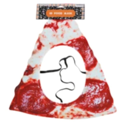 15 inch 3-D flat foam pizza slice face mask with center face opening and elastic band.