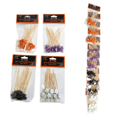 Wooden Halloween Figures Appetizer Picks in assorted orange, purple, black, and white Halloween designs on wooden stems.