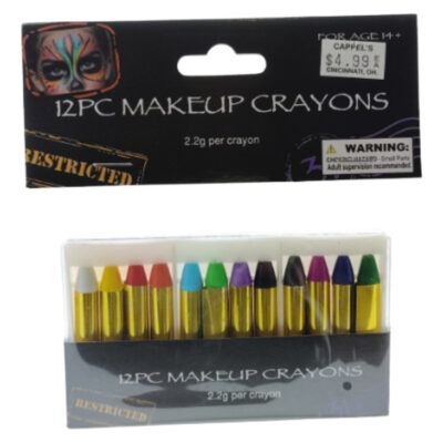 12-Piece Crayon Stick Make-Up Set with assorted colorful costume makeup crayons in retail packaging.