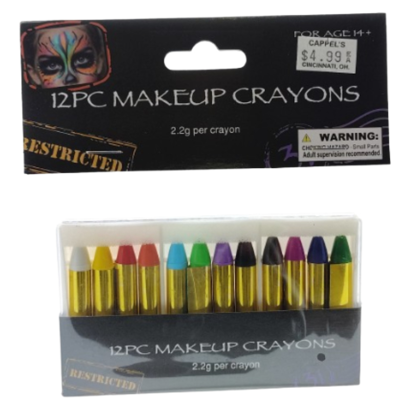 12-Piece Crayon Stick Make-Up Set with assorted colorful costume makeup crayons in retail packaging.