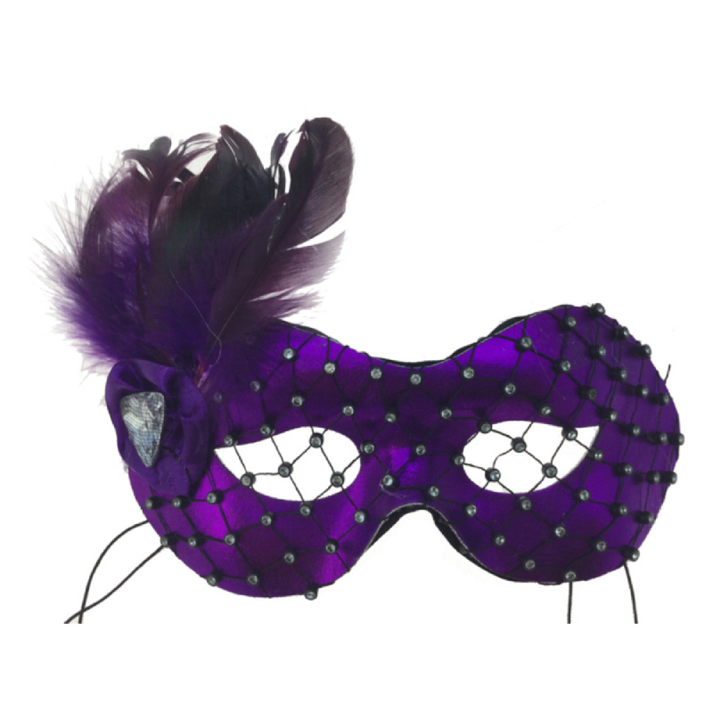 Costume Metallic Fabric Half Mask With Feathers & Gems (Purple)