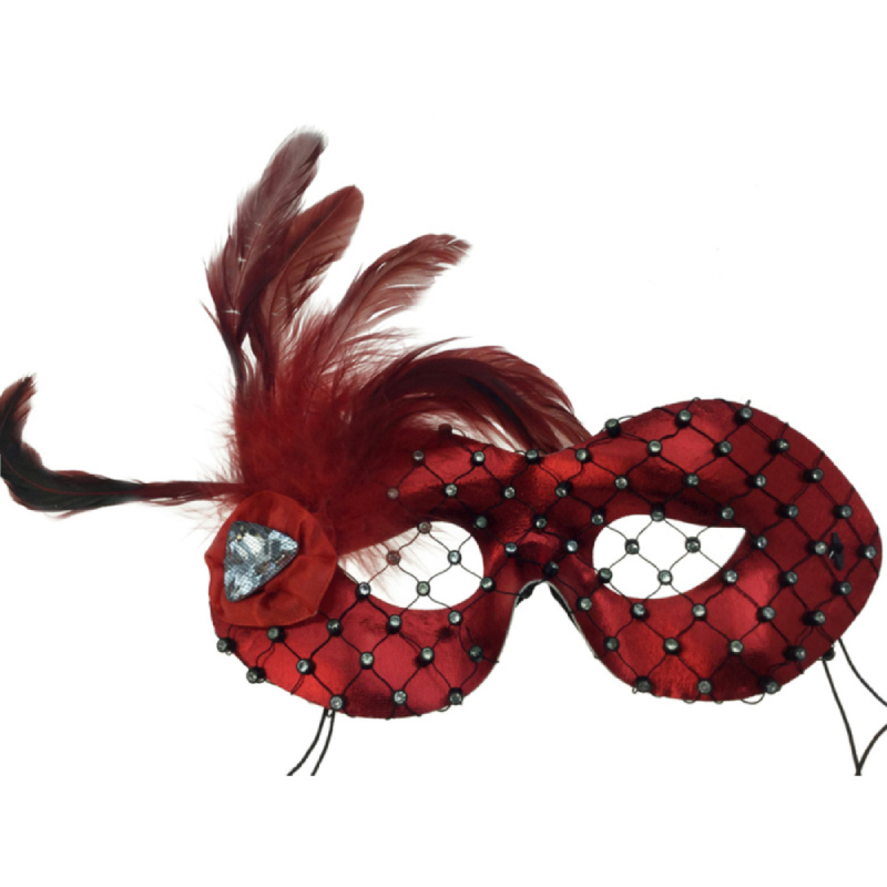 Costume Metallic Fabric Half Mask With Feathers & Gems (Red)