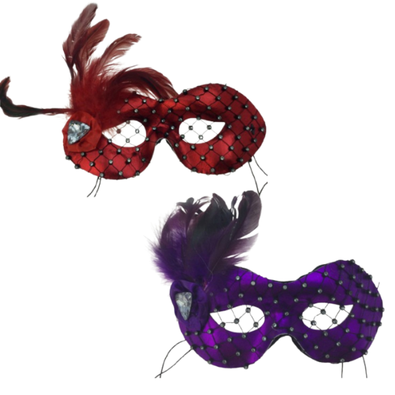 Metallic fabric masquerade half masks with feathers and gem accents shown in red and black and purple and black.