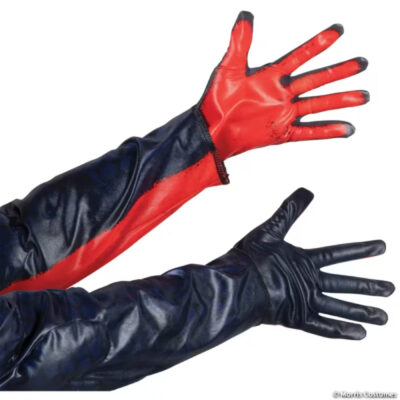 Child Miles Morales fabric costume gloves in black and red with extended cuffs for superhero costumes.