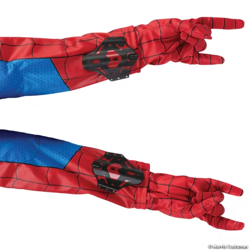 Child Spider-Man fabric costume gloves in red and blue with black web-style details and spider graphics.
