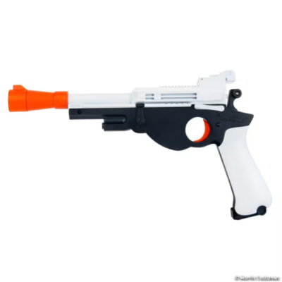 12 inch Star Wars Mandalorian plastic blaster costume prop in black, white, and orange on a white background.