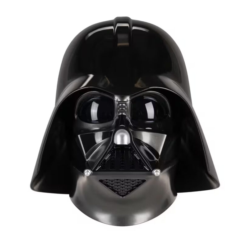 Star Wars Darth Vader Deluxe Helmet in glossy black with sculpted face details, dark eye areas, and iconic flared helmet styling.