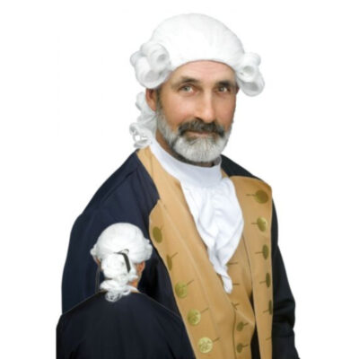 George Washington White Wig with rolled side curls and tied-back colonial styling for Revolutionary War and historical costumes.