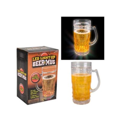 14.5 oz. clear plastic light-up beer stein with handle, beer-colored liquid, and glowing LED effect.