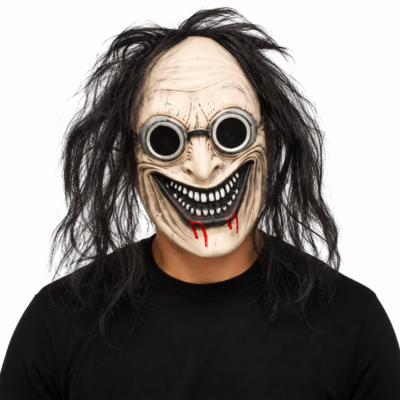Mad Scientist costume mask with pale plastic face, wild black hair, round goggle-style eyes, wide toothy grin, and red drip details.
