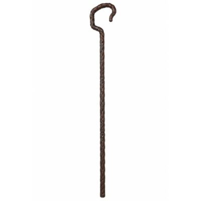 56 inch dark brown plastic shepherd’s crook costume cane with curved top and three-piece screw-together construction.