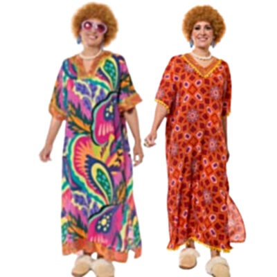 Roper’s Romper retro costume dresses shown in multicolor psychedelic and orange-red geometric prints.