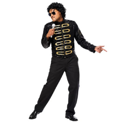 Black King of Pop style sequin costume jacket with gold military-style trim and decorative front details.