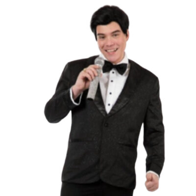 Black performer costume jacket styled with white shirt and bow tie for singer, emcee, and stage looks.