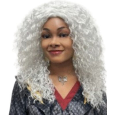 Long platinum curly Luna Dragon costume wig with full-volume silver-white texture.