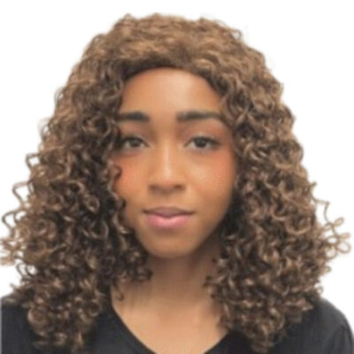 Brown Ginny costume wig with tight curls, shoulder-length style, and full-volume texture.