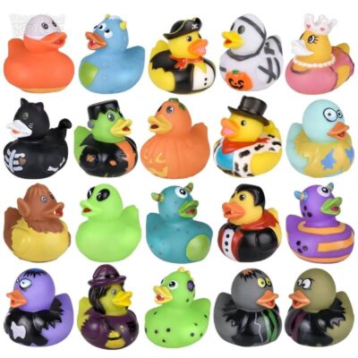 Assorted 2 inch costume rubber ducks in colorful Halloween, animal, pirate, monster, and character designs, all designs.